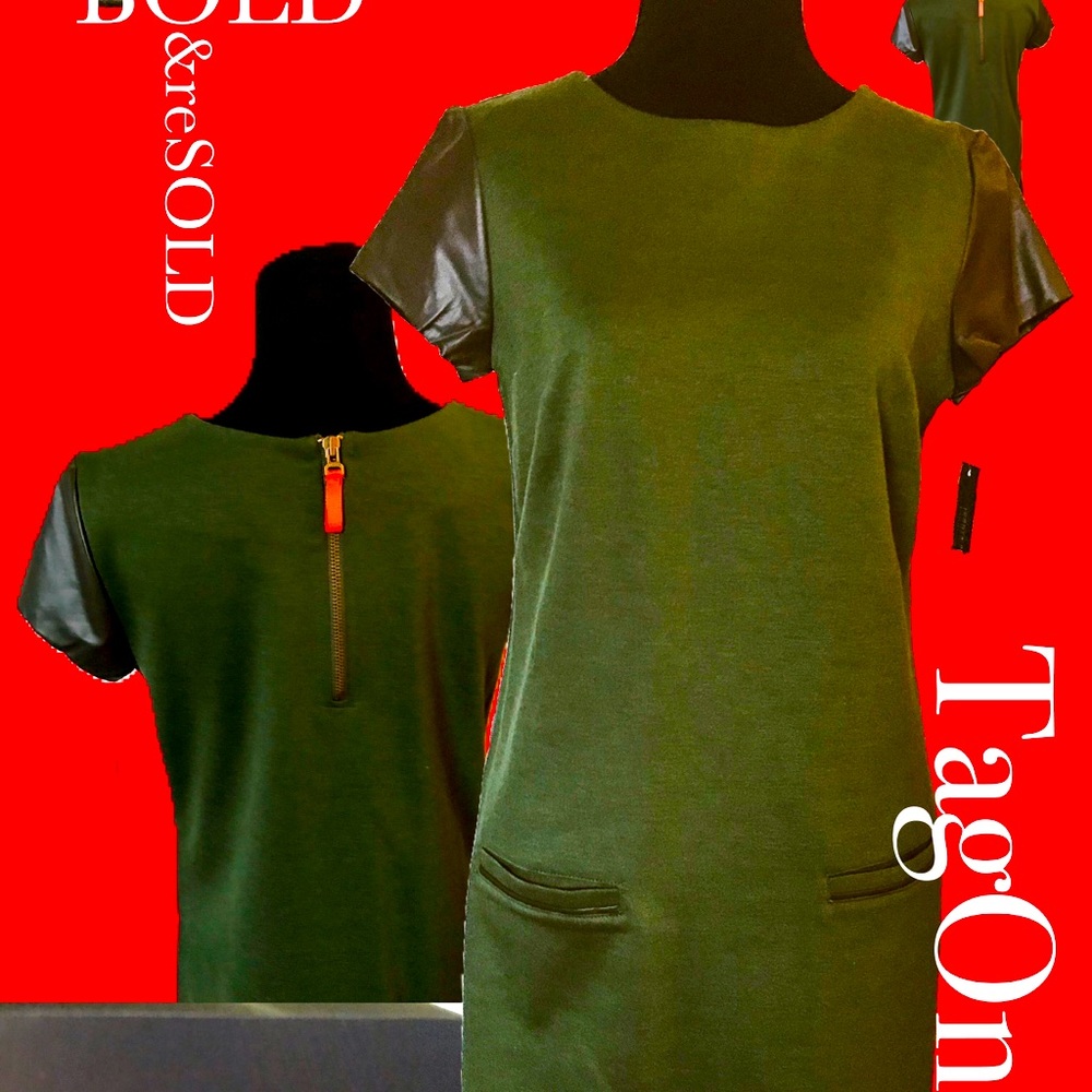 Tommy Hilfiger Faux Leather Sleeve Olive Dress